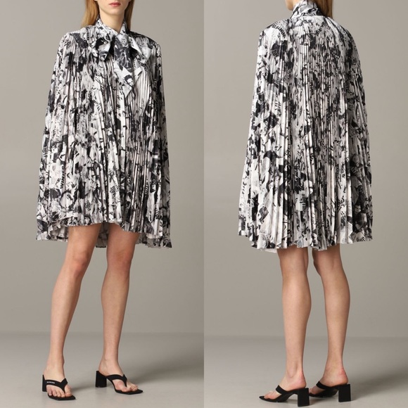 Balenciaga Pleated Newspaper Print Satin Cape Mini Dress In Black/White - Picture 1 of 15